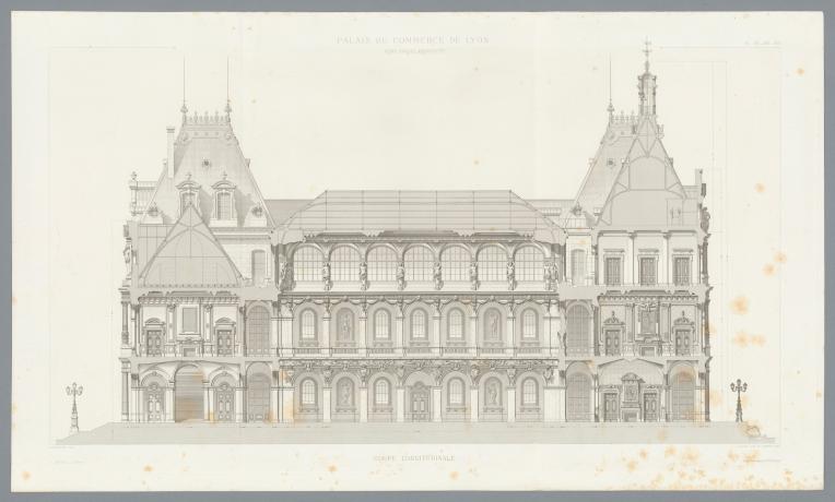Monographie du Palais du commerce par René Dardel, coupe longitudinale : estampe NB (1868, cote : 3SAT/31)