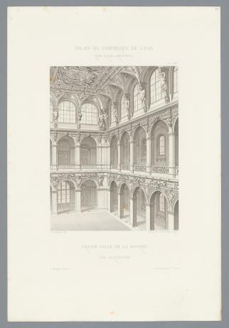 Monographie du Palais du commerce par René Dardel, grande salle de la bourse vue en perspective : estampe NB (1868, cote : 3SAT/31)