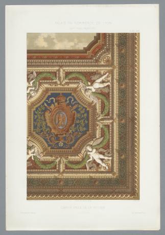 Monographie du Palais du commerce par René Dardel, plafond de la grande salle de la bourse vue : lithographie couleur (1868, cote : 3SAT/31)