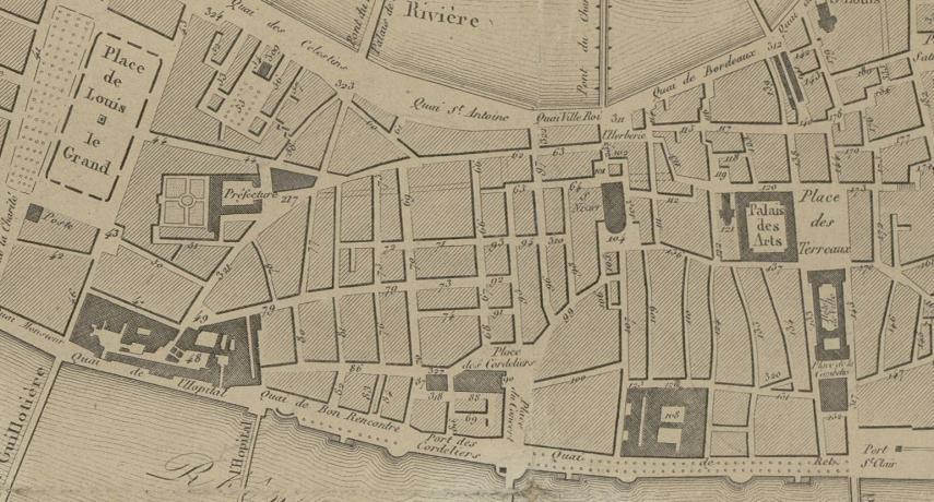 Plan de la Ville de Lyon, centre de la Presqu'Île avant les travaux de Vaïsse : estampe NB par Ambroise Tardieu (1840, cote : 3S/124, détail)