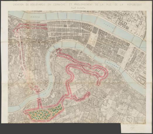 Création de boulevards en corniche et prolongement de la rue de la République, projet de Guillon : plan imprimé rehaussé en couleurs (16/09/1913, cote : 453WP/8)