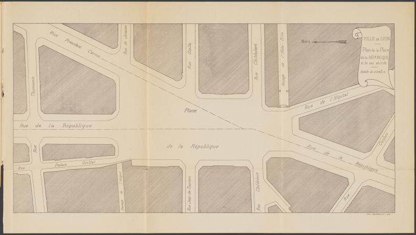 Plan de la place de la République et ses abords : lithographie NB par L. Delaroche et Cie (1895, cote : 468WP/4)