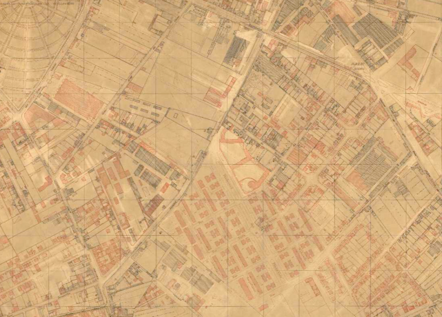 Quartier des Etats-Unis pas encore raccordé à la voirie au nord-ouest : plan parcellaire au 1:2000e (1920-, cote : 5S/25, détail)