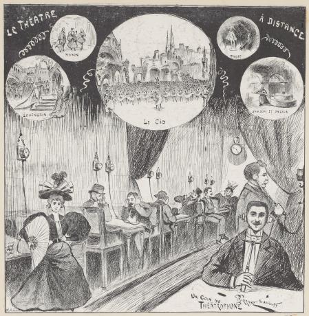 Le Théâtrophone de la salle des dépêches du "Progrès", 85 rue de la République : typogravure de Girrane (31/10/1895, cote : 63FI/51)