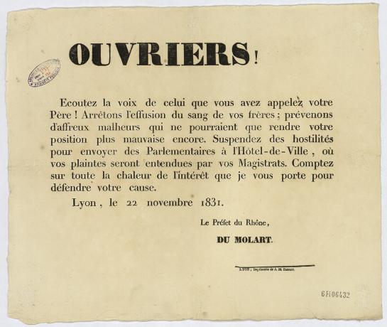 Affiche du Préfet du Rhône appelant les ouvriers à la négociation - 22 novembre 1831 - 6Fi6432