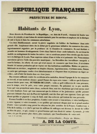 Création d’une caisse de retraite et d’une caisse de secours mutuel pour les ouvriers et employés de la fabrique de soie, 12 avril 1850 - 6Fi6721