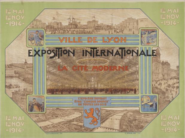 Ville de Lyon, Exposition internationale, La cité moderne : affiche en couleurs (1914, cote : 7Fi/245)