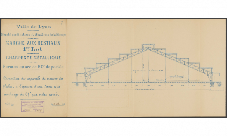 Marché aux bestiaux, charpente métallique : plan d'architecte par Fives-Lille à Givors (13/10/1913, cote : 923WP/369)