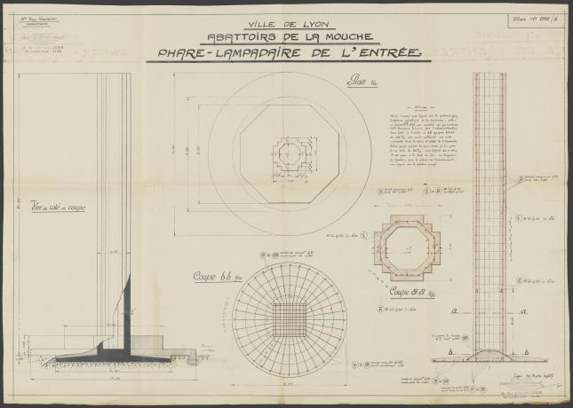 Abattoirs de la Mouche, phare-lampadaire de l'entrée : élévations et coupes (31/03/1927, cote : 954WP/1)