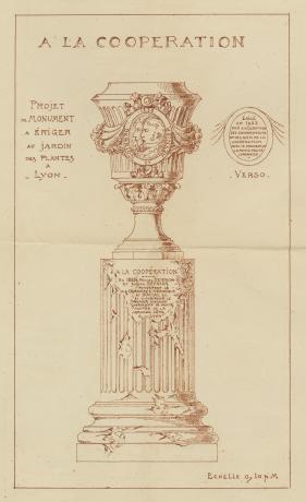 Monument commémoratif érigé au Jardin des Plantes en honneur à la première coopérative lyonnaise, le magasin véridique et social créé montée de la Grande-Côte par M. Derrion et J. Reynier en 1835, 1922 - 957Wp47