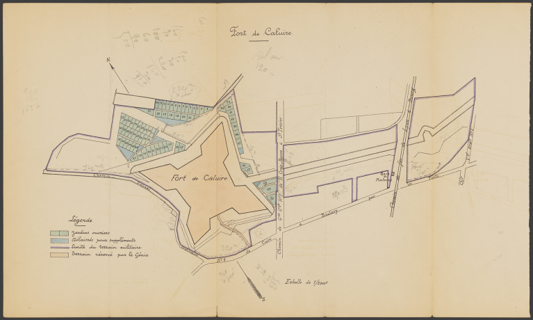 Plan du Fort de Caluire avec la matérialisation des parcelles destinées à devenir des jardins ouvriers - 938wp36_1