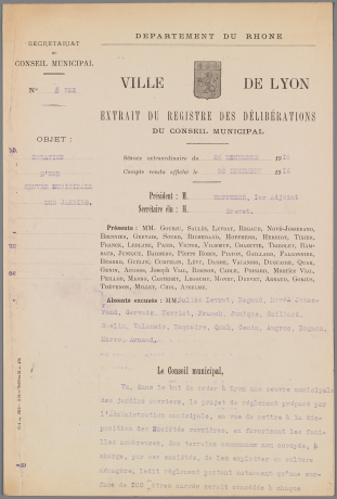 Première page de la délibération du 26 décembre 1916 concernant la création des jardins ouvriers lyonnais - 945wp28_4