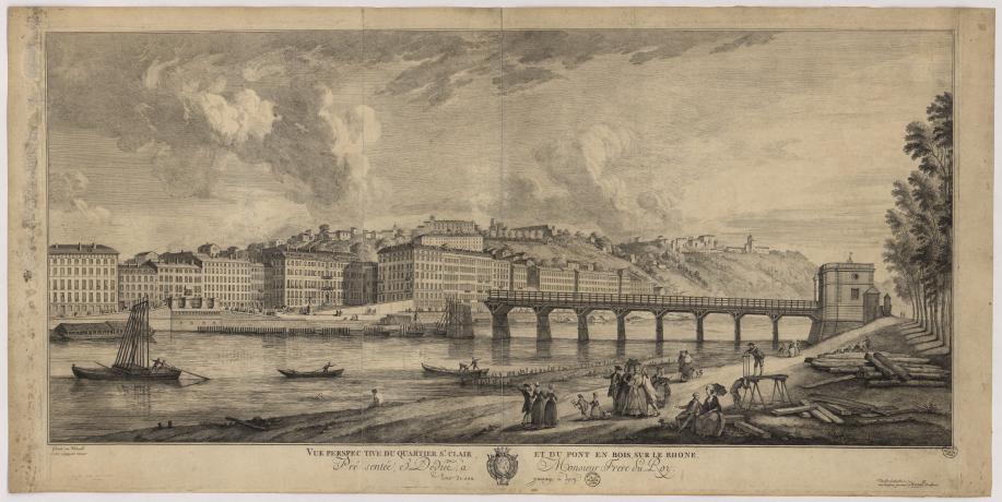 Vue perspective du quartier Saint-Clair et du pont en bois sur le Rhône construit par Morand : estampe NB par Bidault (1775, cote : 16FI/301)
