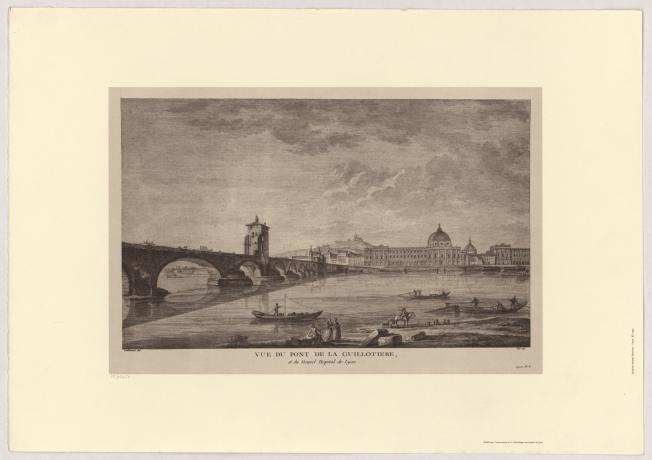 Pont de la Guillotière et nouvel hôpital de Lyon : dessin de Jean-Baptiste Lallemand et gravure de Denis Née (1784-1792, cote : 16FI 658)