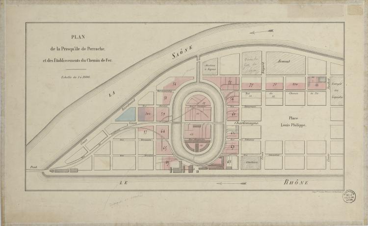 Presqu'île de Perrache et établissement du chemin de fer : plan manuscrit couleur (1845, cote : 3S/145)