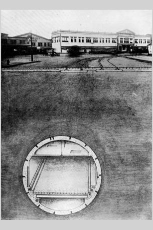 Tunnel de la Croix-Rousse, documentation préparatoire avec le schéma du tunnel construit sous la Mersey à Liverpool : tirage photo NB (vers 1930, cote : 15PH/1/263)