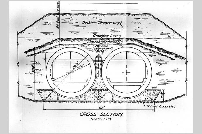 Tunnel de la Croix-Rousse, documentation préparatoire avec le schéma du tunnel construit sous la Mersey à Liverpool : tirage photo NB (vers 1930, cote : 15PH/1/275)