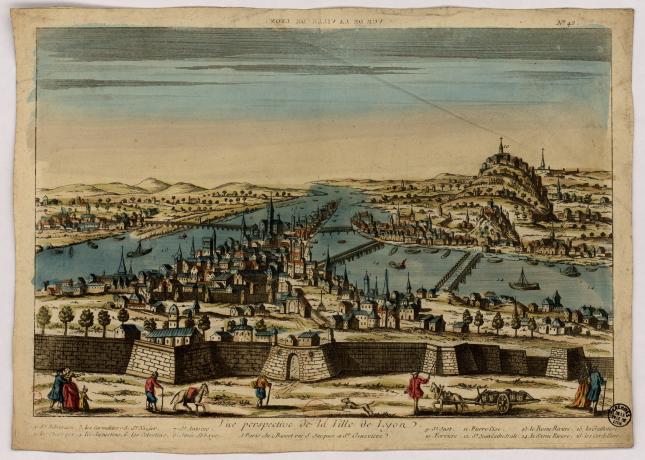Vue de Lyon depuis la Croix-Rousse, 18e siècle, eau-forte aquarellée, AML 16FI/81