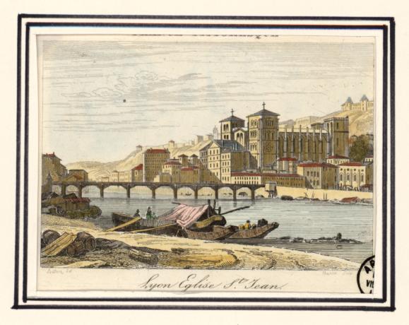 Lyon église Saint-Jean, vue du quartier Saint-Jean et du pont volant depuis le quai Saint-Antoine : gravure par Chamoin d'après un dessin de Buttura (1835, cote : 16FI/4)