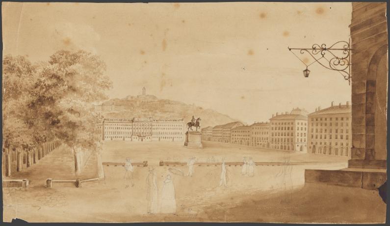 Vue perspective de la place Bellecour : dessin au crayon et au lavis brun (1ère moitié du XXe s., cote : 17FI/139)