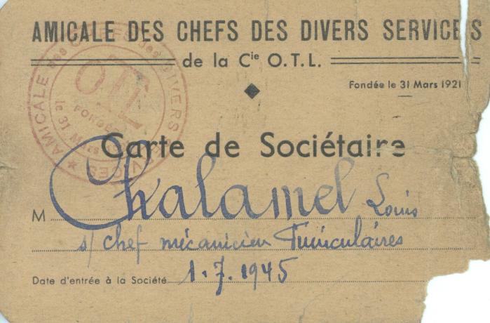 Carte de l'amicale des chefs des divers services de la compagnie OTL (1945-1973, cote : 1II/718)