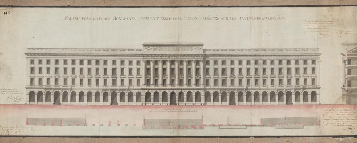 Façade pour la place Bonaparte [Bellecour], élévation : dessin manuscrit par JM Thibière (1804, cote : 1S/125)