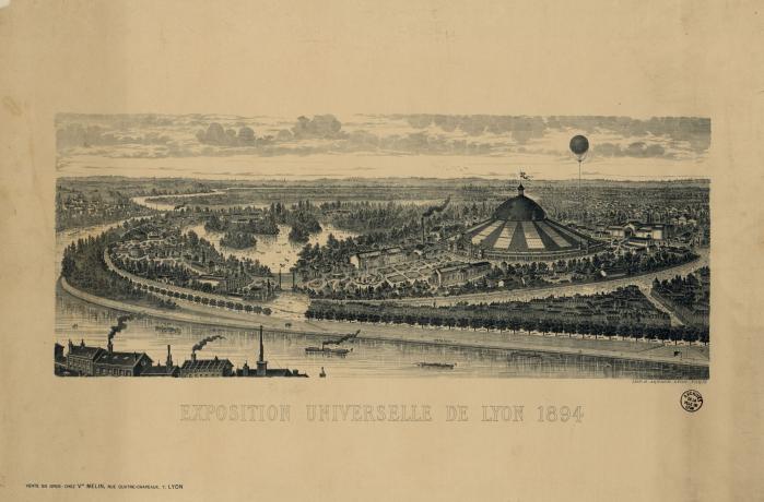 Vue aérienne de l'exposition universelle de Lyon de 1894, estampe NB (1894, cote 16FI/88)