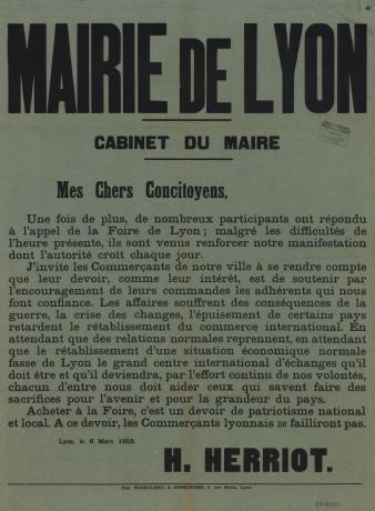 Foire de Lyon 1922, appel d'Édouard Herriot aux commerçants pour soutenir les participants : affiche NB Noirclerc & Fénétrier (1922, cote 2FI/375)