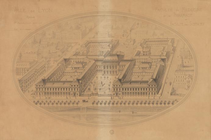 Faculté de médecine et de pharmacie, quai Claude Bernard, vue aérienne : dessin NB (1894, cote 2S/464)