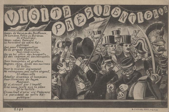Exposition universelle de Lyon de 1914, visite présidentielle : affiche NB S. Farges (1914, cote 4FI/4525)