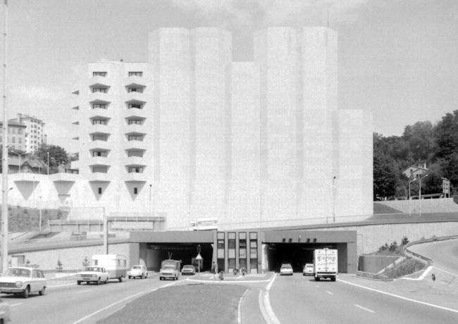 Tunnel de Fourvière, entrée sud : photo. NB E. Poix ou E. Pernet (1973, cote 8PH/2147)