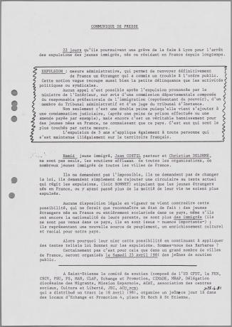 Grève de la faim Lyon 1981 : communiqué de presse, p. 1 (1981, cote 97II/63)
