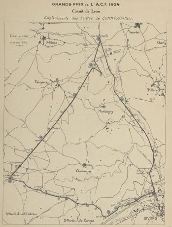 Grand Prix de l'ACF 1924, circuit de Lyon, emplacement des postes de commissaires (1924, cote 3S/454)