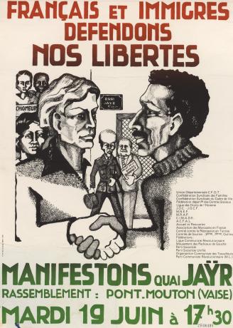 « Français et immigrés défendons nos libertés » : affiche couleur d'une manifestation quai Jaÿr (1979, cote 2FI/199) 
