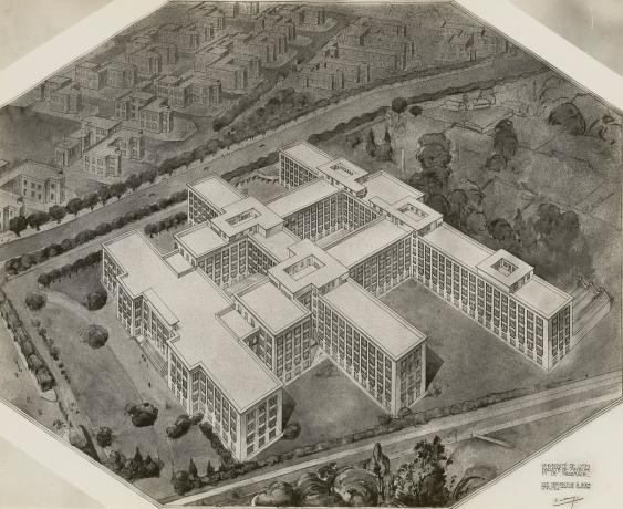 Faculté de médecine et de pharmacie, Lyon Est, campus Rockefeller : planche d'architecture NB P. Bellemain (1928, cote 100PH/1/48)