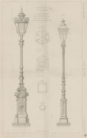 Candélabres utilisés par le service du gaz de la ville de Lyon : planche NB (v. 1875-1880, cote 3SAT/10/12)