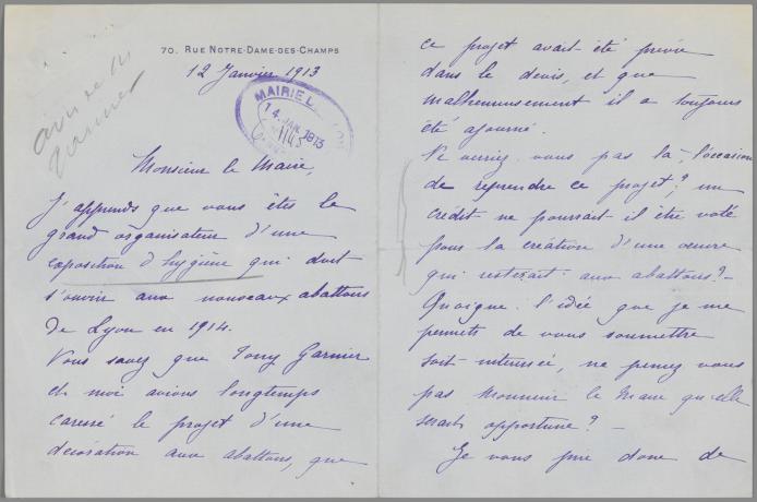 Exposition universelle de Lyon de 1914, lettre de Jean-Baptiste Larrivé à Édouard Herriot, recto (1913, cote 957WP/148/1)