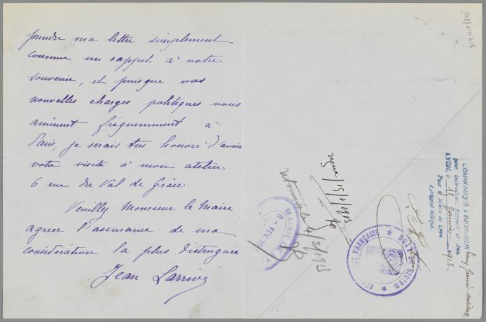 Exposition universelle de Lyon de 1914, lettre de Jean-Baptiste Larrivé à Édouard Herriot, verso (1913, cote 957WP/148/2)