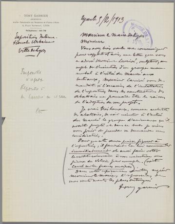 Exposition universelle de Lyon de 1914, lettre de Tony Garnier à Édouard Herriot (1913, cote 957WP/148/3)