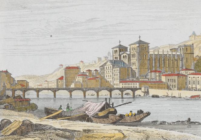 Vue du quartier Saint-Jean et du pont volant depuis le quai Saint-Antoine : estampe d'après un dessin de Buttura (1835, cote 16FI/4)