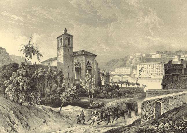  Vue de l'ancienne église des Cordeliers de l'Observance depuis la montée de l'Observance : estampe (s.d., cote 16FI/158)