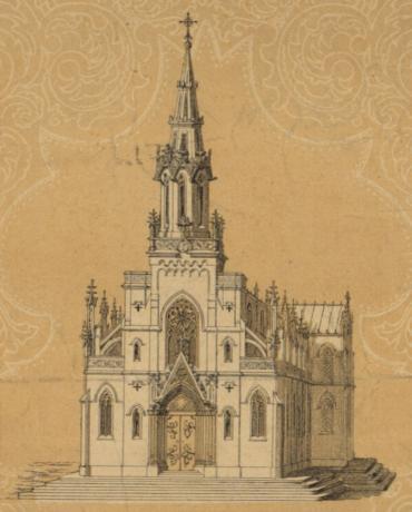 Vue de la façade de l'église de la cité Rambaud, ou église de la cité de l'Enfant-Jésus : estampe (s.d., cote 16FI/279)