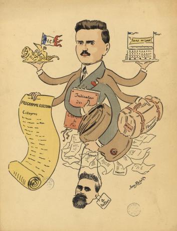 Caricature d'Édouard Herriot entouré de 6 bras pour porter tous ses dossiers : dessin couleur J. Robert (1916, cote 16FI/520)