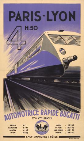 Paris-Lyon 4H50, automotrice rapide Bugatti : affiche couleur E.-A. Schefer (1935, cote 26FI/4)