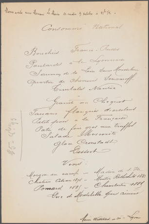 Menu pour le repas de réception des officiers de l’escadre russe à l’Hôtel de Ville, 9 octobre 1893 - 1140WP/5 