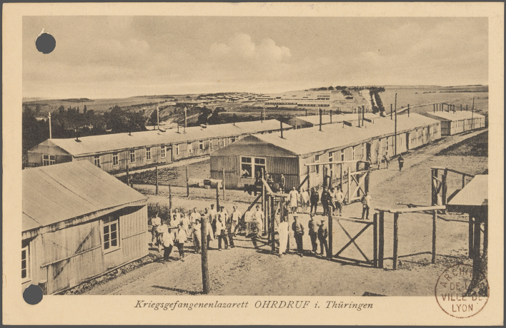 Hôpital des prisonniers de guerre d'Ohrdruf en Thuringe. Carte postale envoyée à Mme Herriot, présidente de l'oeuvre municipale de secours aux prisonniers de guerre, le 4 octobre 1916 - 1229wp/94