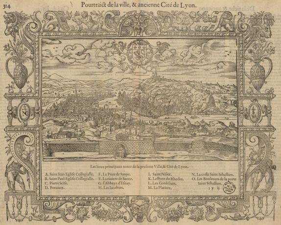 Pourtraict de la ville, et ancienne cité de Lyon : xylographie NB B. Salomon (1575, cote 16FI/326)