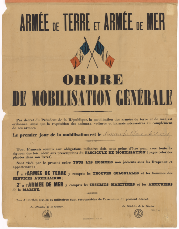 Ordre de mobilisation générale, signé par le Président de la République, Raymond Poincaré. Affiche pré-imprimé, dont seule la date est ajoutée de façon manuscrite. 2Fi/1598
