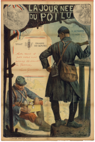 La journée du poilu, 31 octobre - 1 novembre 1915. A L'arrière plan, le soldat, assis dans la lumière ouvre un colis contenant une médaille et diverses boites de conserves - 2fi/1684
