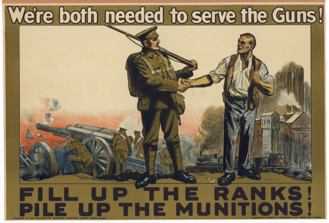 Affiche britannique publiée par The Parliamentary Recruiting Committee, 1915. "We're both needed to serve the guns !" - 2fi/1747
